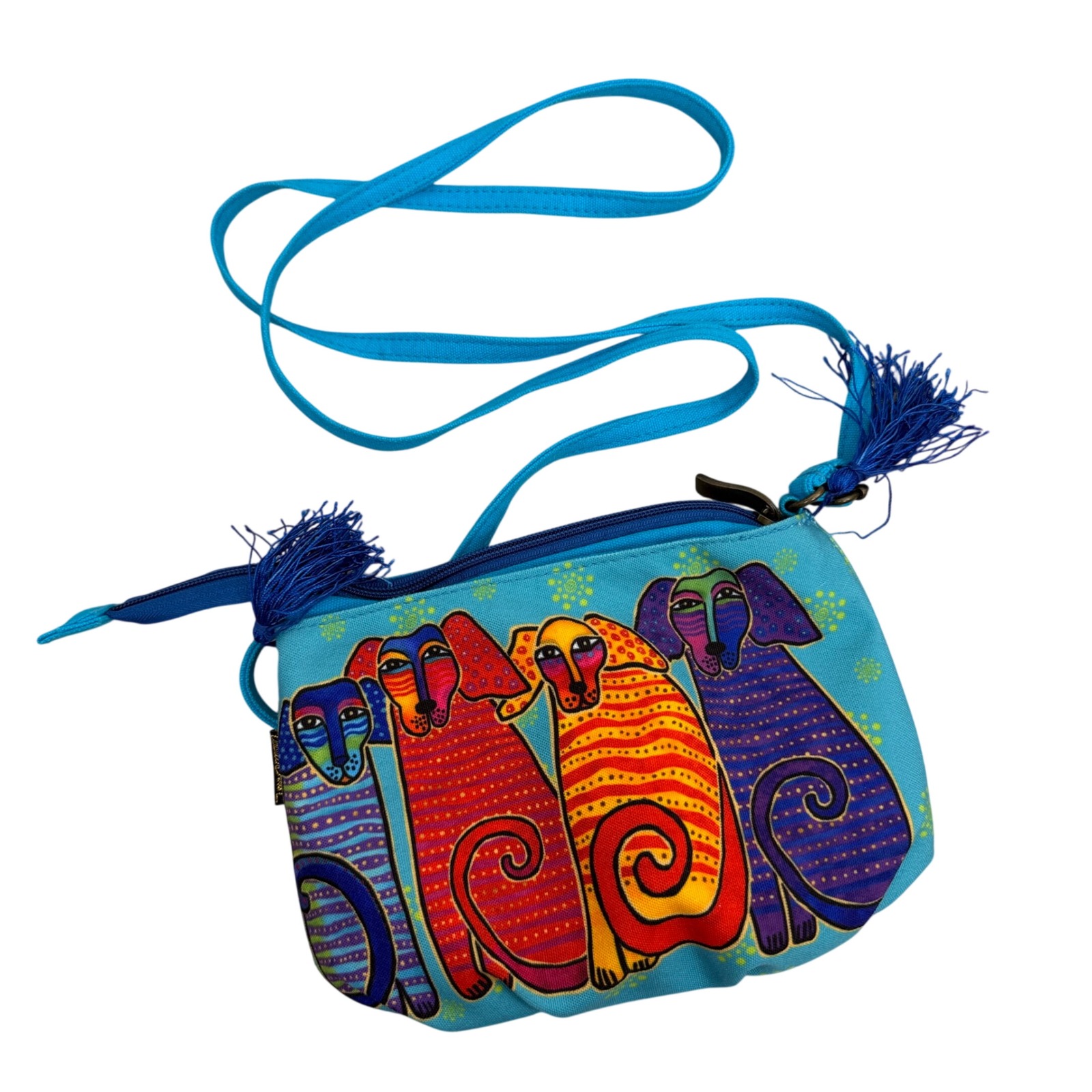 Laurel Burch Crossbody Women Os Blue Colorful Dog Print Canvas Bag Art Shoulder